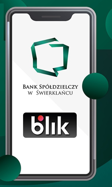 Obraz pokazujacy telefon, na którego ekranie widać logotyp Banku Spółdzielczego w Świerklańcu oraz logo BLIK.